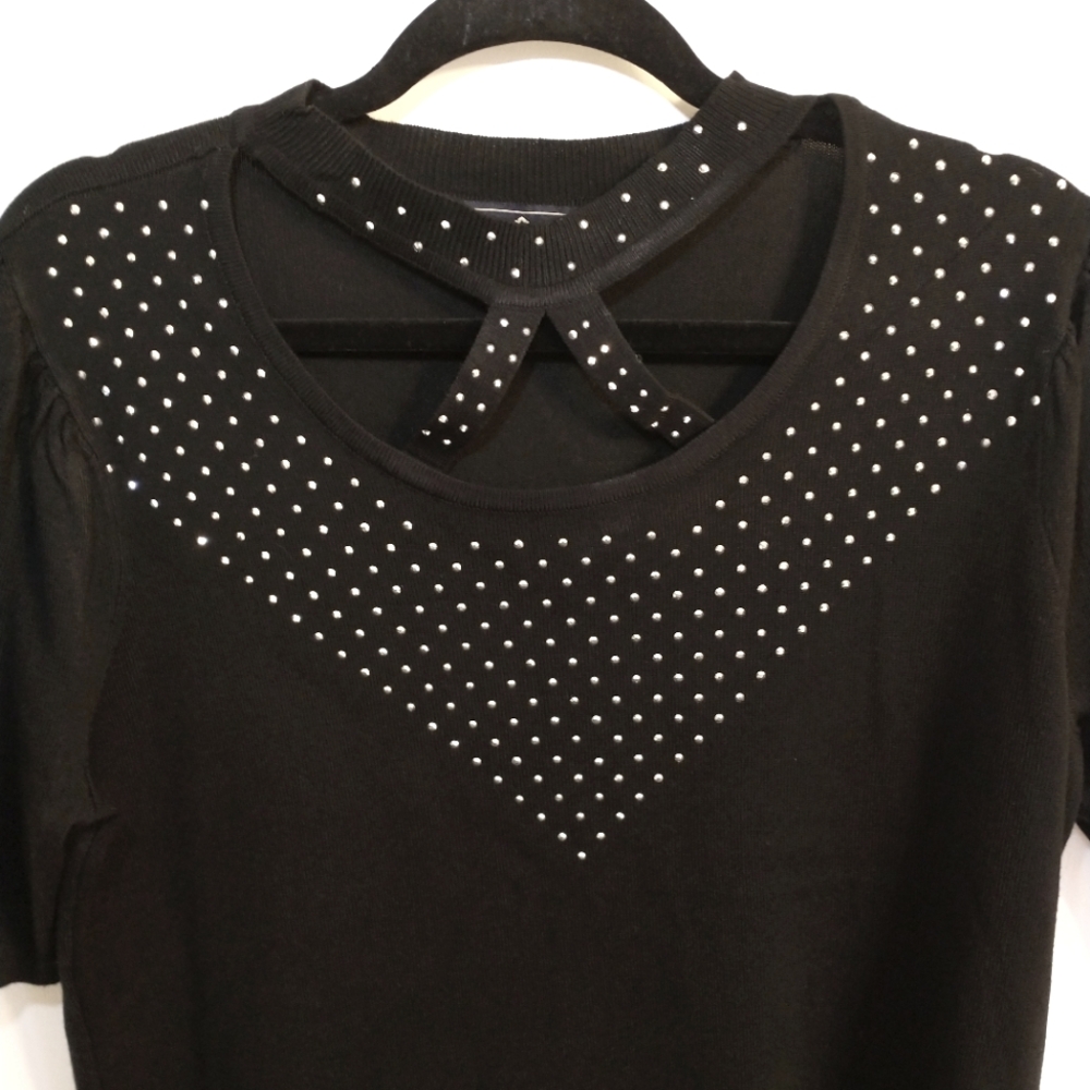 Women's Embellished Black Drop Sleeve Knit Blouse by Seven Manor
